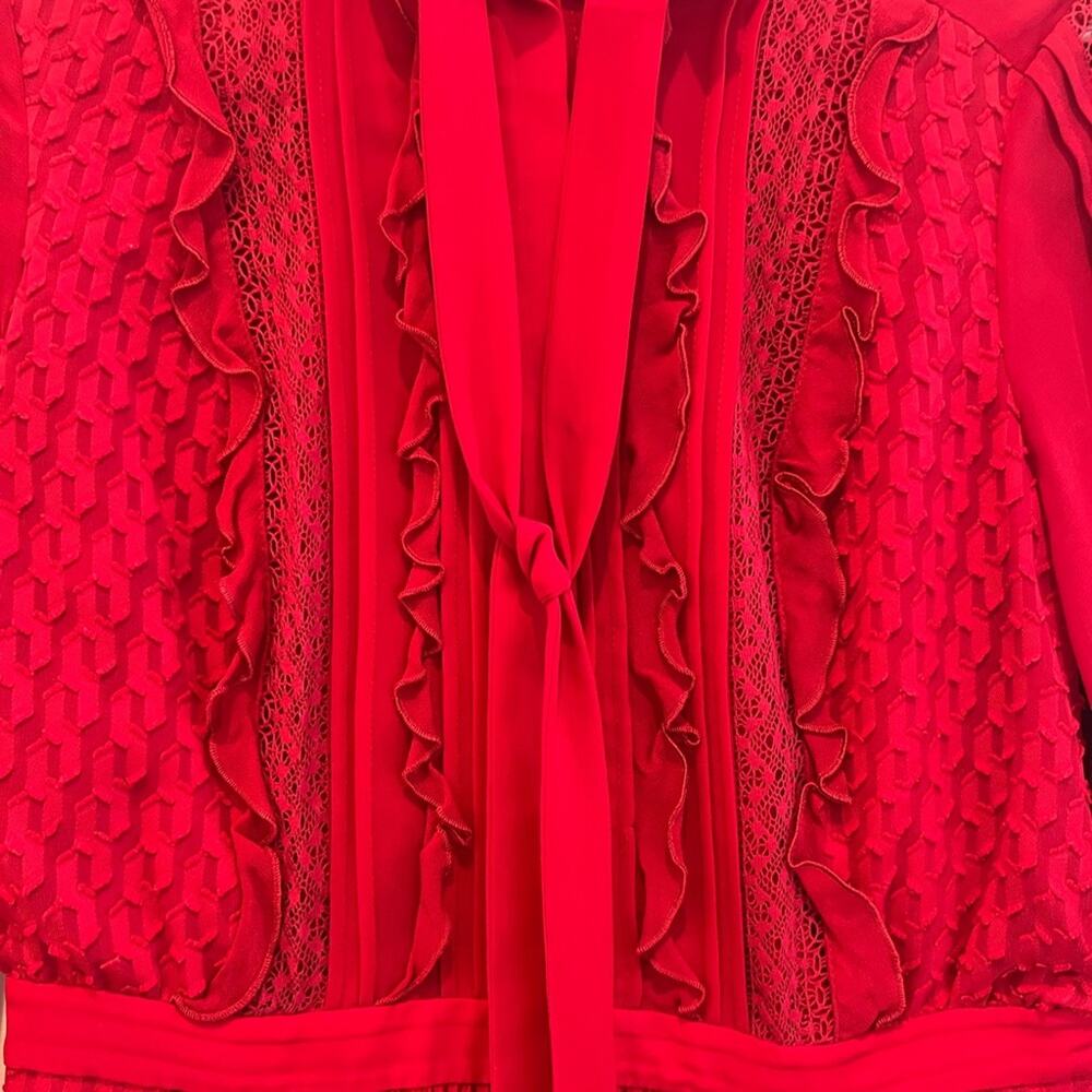 Karen Millen Red Long Sleeve Lace Panel Ruffle Mini Dress Size 6 - Picture 4 of 6